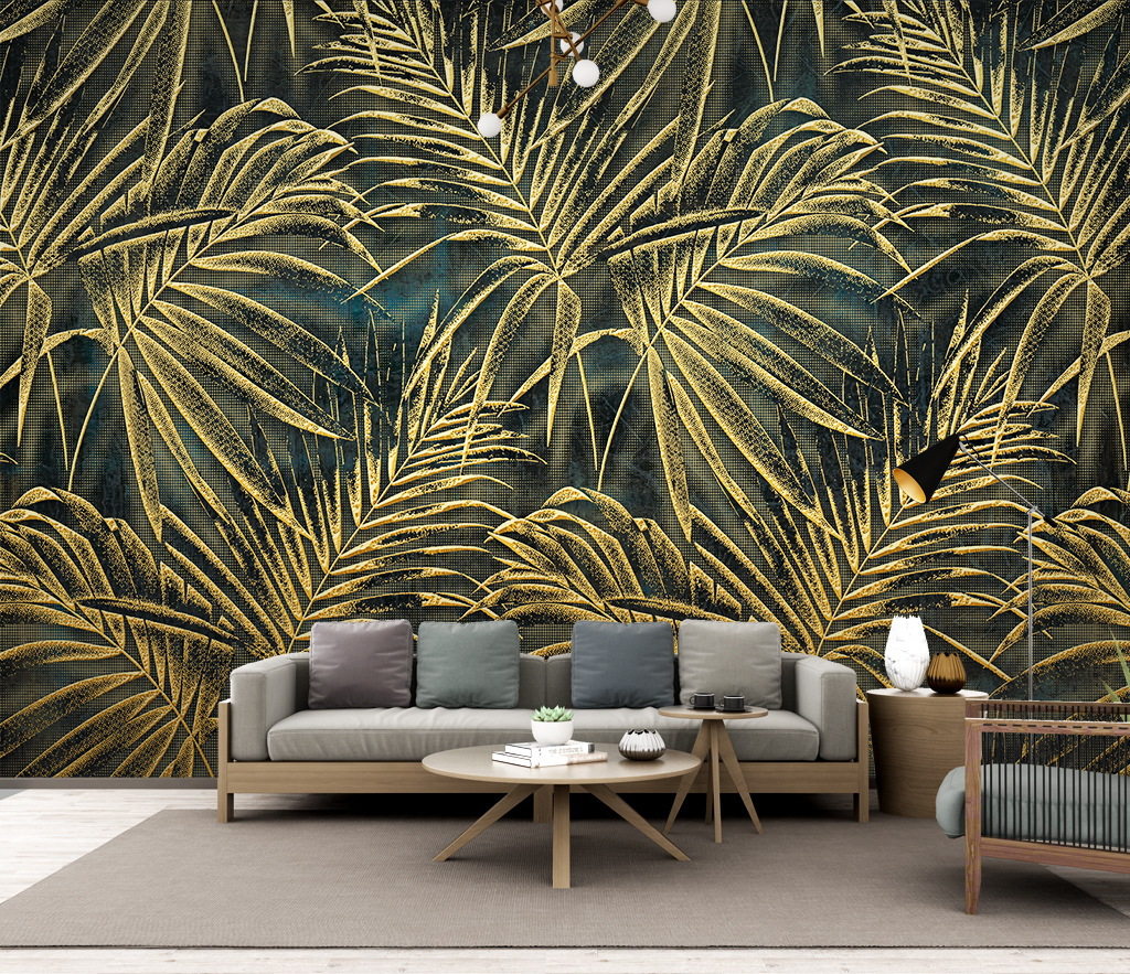 Gold Leafs Pattern Wallpaper Murals-GraffitiWallArt