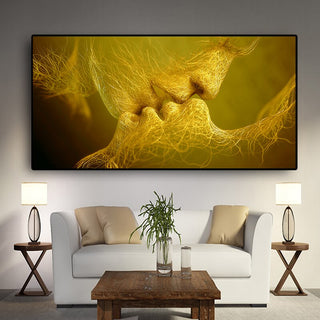 Golden And Black Love Kiss Lips Canvas Wall Art-GraffitiWallArt