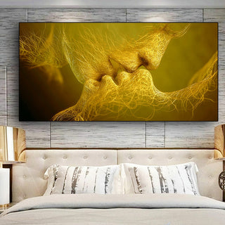 Golden And Black Love Kiss Lips Canvas Wall Art-GraffitiWallArt