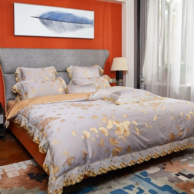 Golden Leaves Lace Luxury Satin Cotton Bedding set-GraffitiWallArt