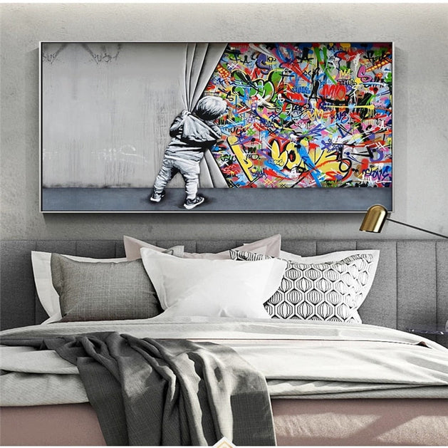 Graffiti Art Boy Behind the Curtain Canvas Wall Art-GraffitiWallArt