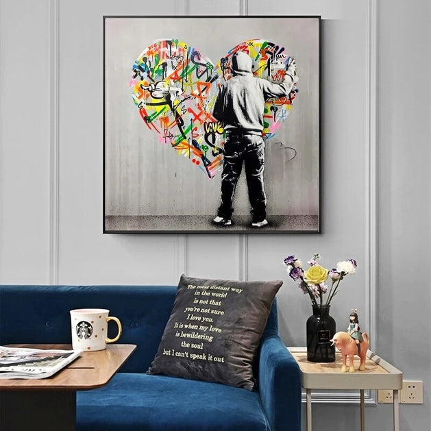 Graffiti Art of Guy Behind The Love Canvas Paintings on The Wall Art Posters and Prints Modern Street Art Pictures Home Cuadros-GraffitiWallArt