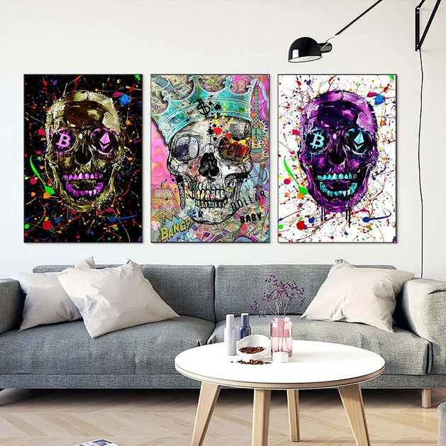 Graffiti Colourful Skulls with Crown Canvas Wall Art-GraffitiWallArt