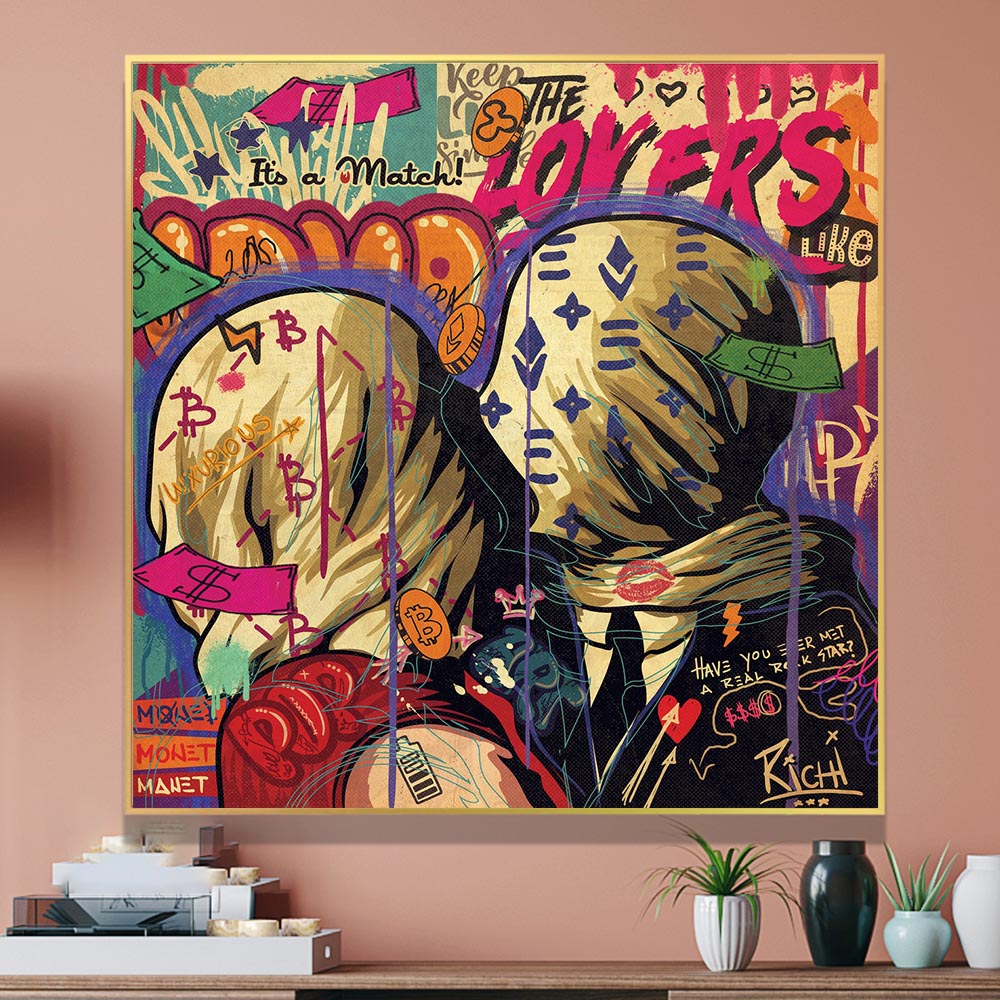 Graffiti Pop Wall Art Lovers Kiss Canvas Wall Art-GraffitiWallArt