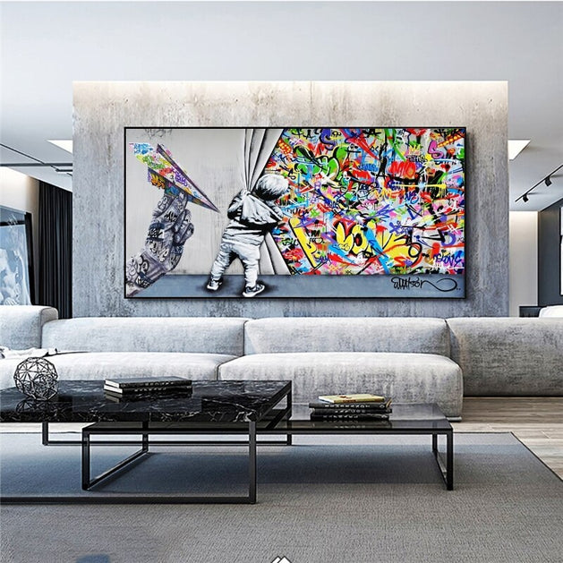 Graffiti Street Art Boy Behind The Curtain Canvas Wall Art-GraffitiWallArt