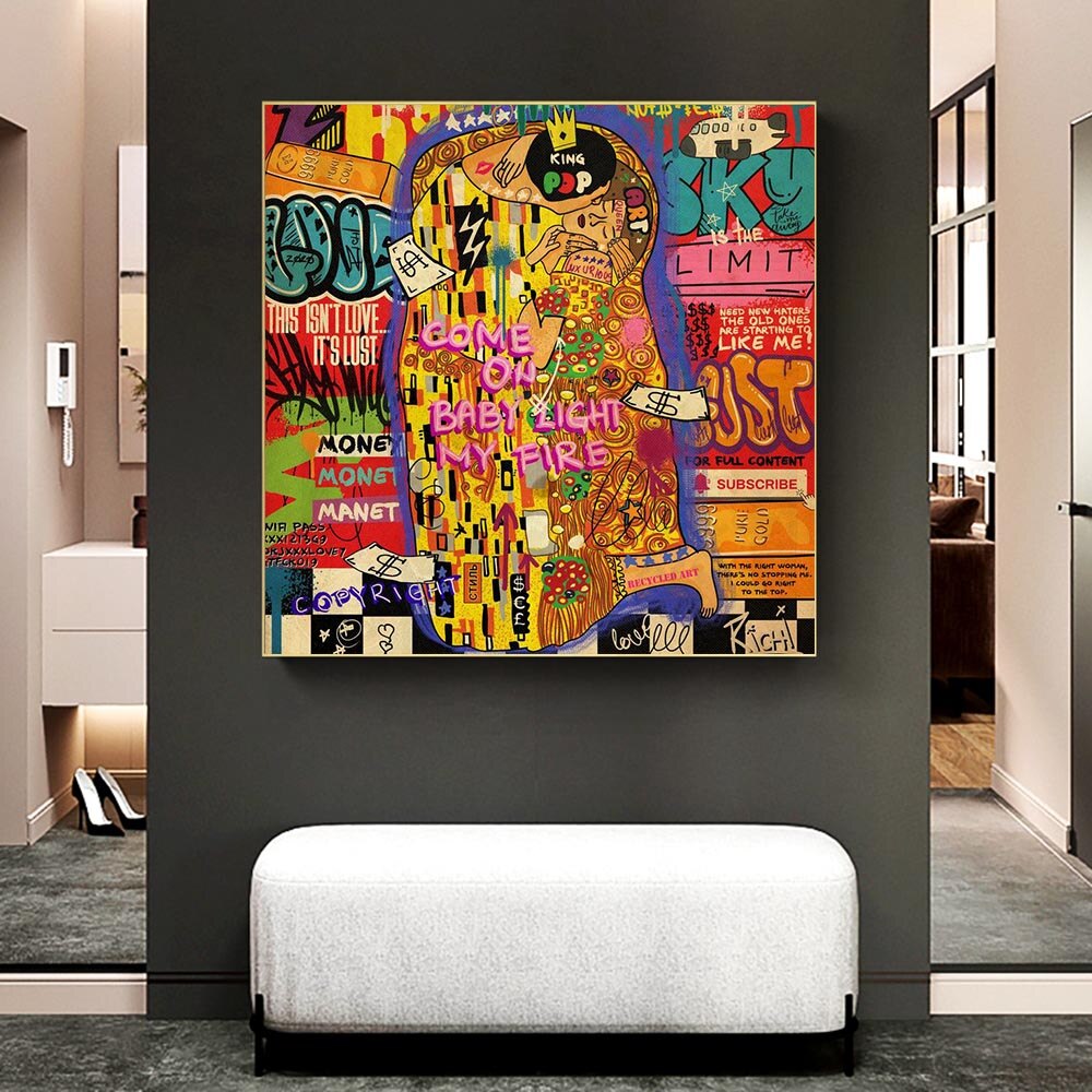 Graffiti Wall Art Lovers Kiss Canvas Wall Art-GraffitiWallArt