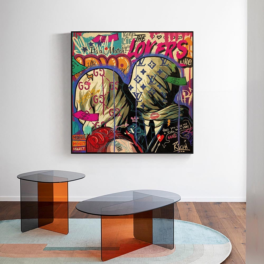 Graffiti Wall Art Lovers Kiss Canvas Wall Art-GraffitiWallArt