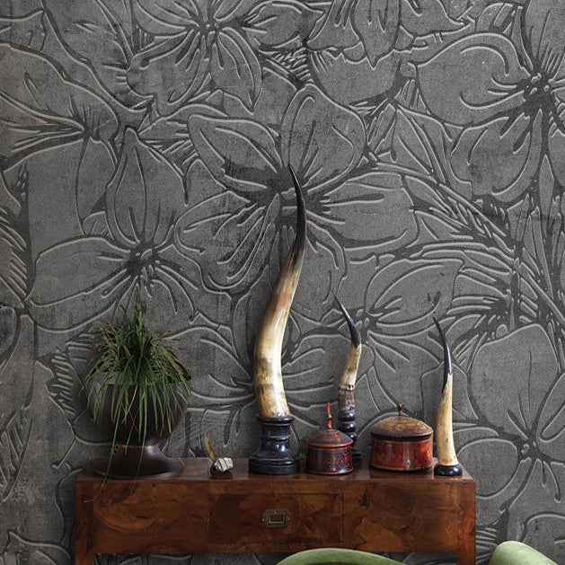 Gray Emboss Florals Wallpaper Mural-GraffitiWallArt