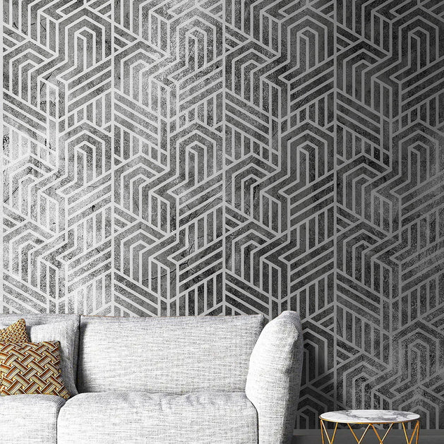Gray Geometric Linear Shapes Wallpaper Mural-GraffitiWallArt