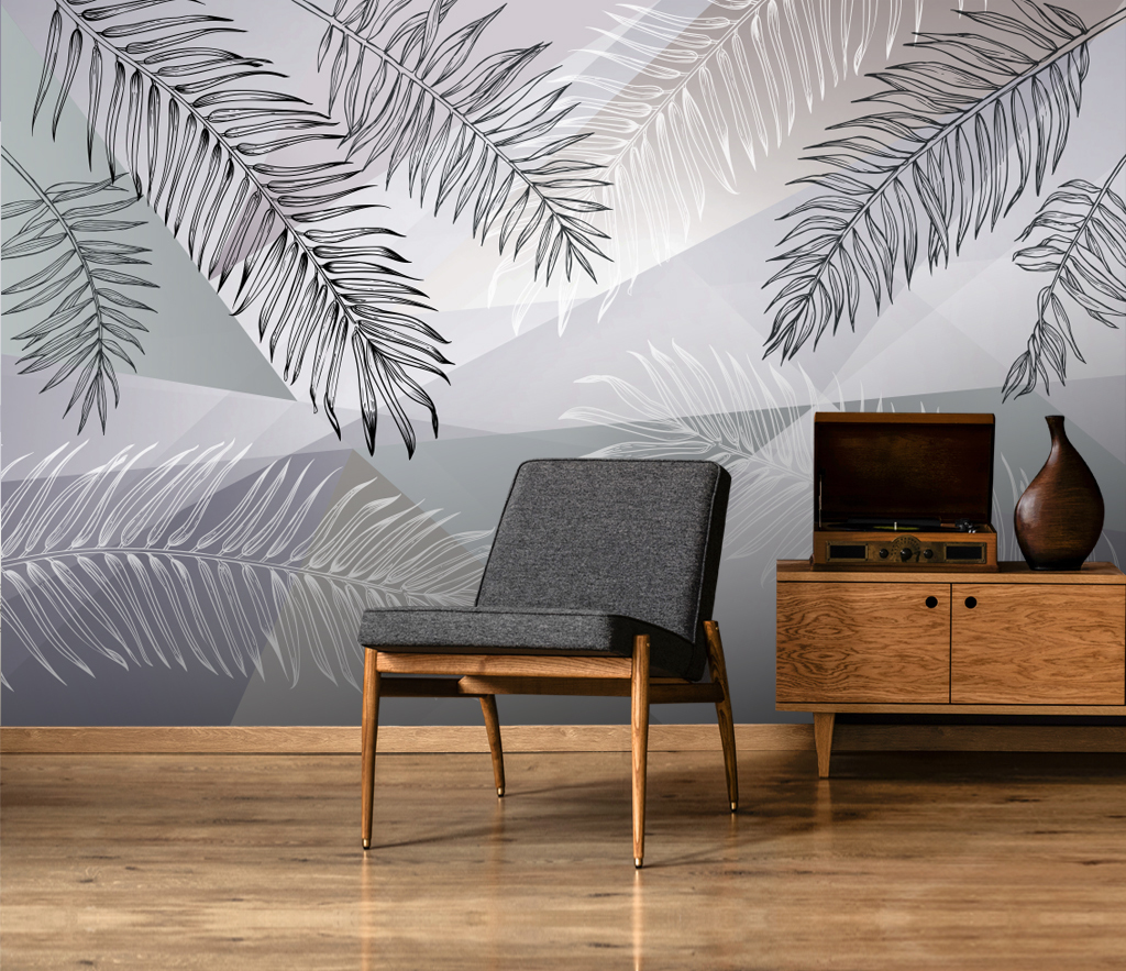 Grey Long Leafs Wallpaper Murals-GraffitiWallArt