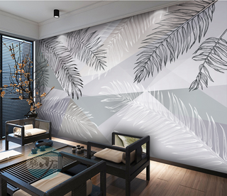 Grey Long Leafs Wallpaper Murals-GraffitiWallArt