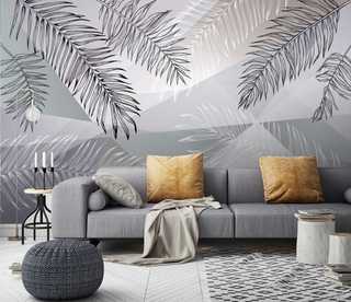 Grey Long Leafs Wallpaper Murals-GraffitiWallArt