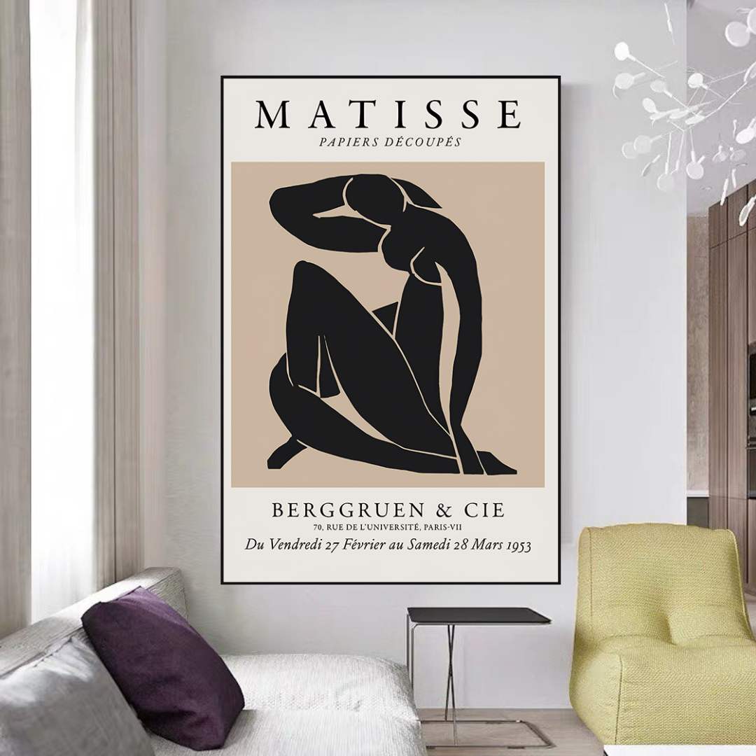 Henri Matisse Body Line Leaf Boho Black Beige Canvas Wall Art-GraffitiWallArt