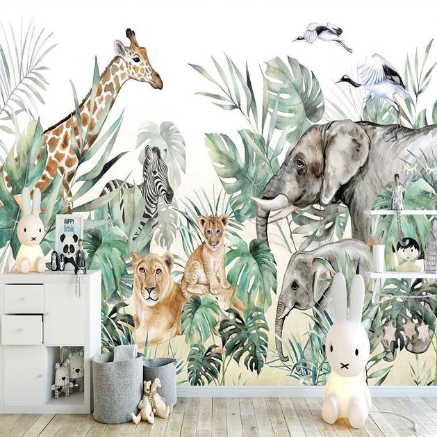 Jungle Friends Gathering Wallpaper Mural-GraffitiWallArt