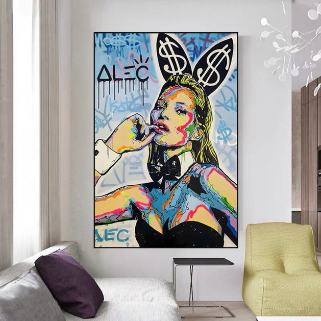Kate Moss Bunny Canvas Painting - Pop Art by Alec Monopoly-GraffitiWallArt