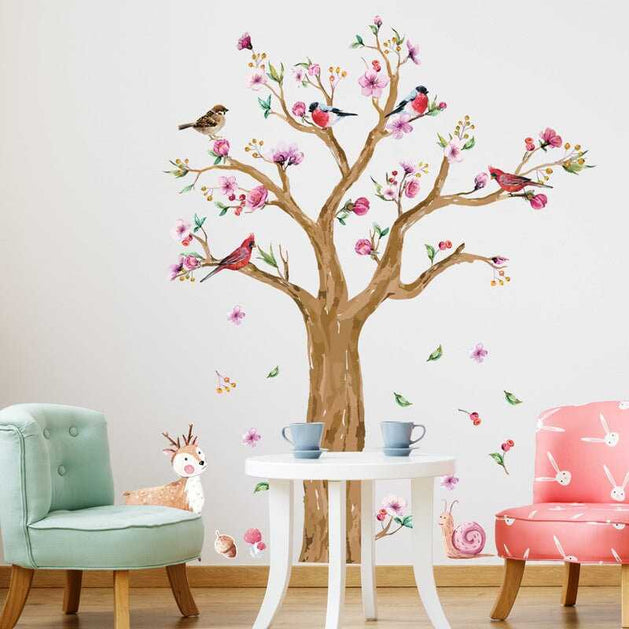 Kids Room Wall Sticker - Animals Tree with Birds Deer and Flowers-GraffitiWallArt