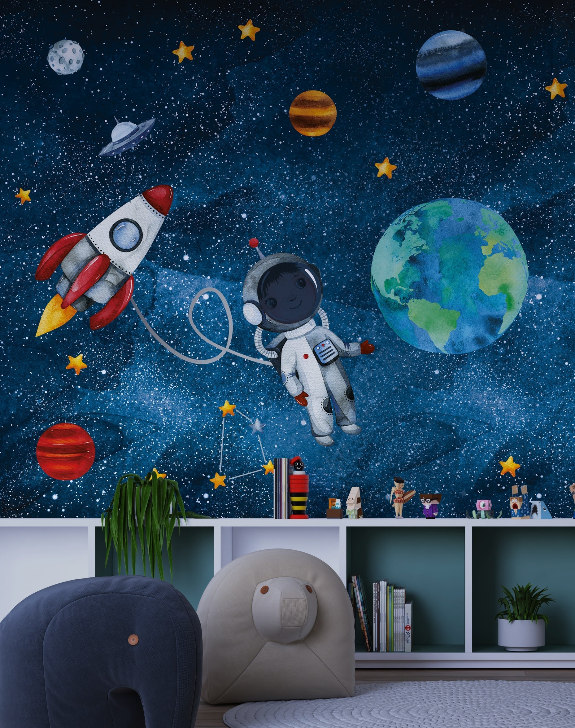 Kids Room Wallpaper Mural: Explore Space with Astronaut-GraffitiWallArt