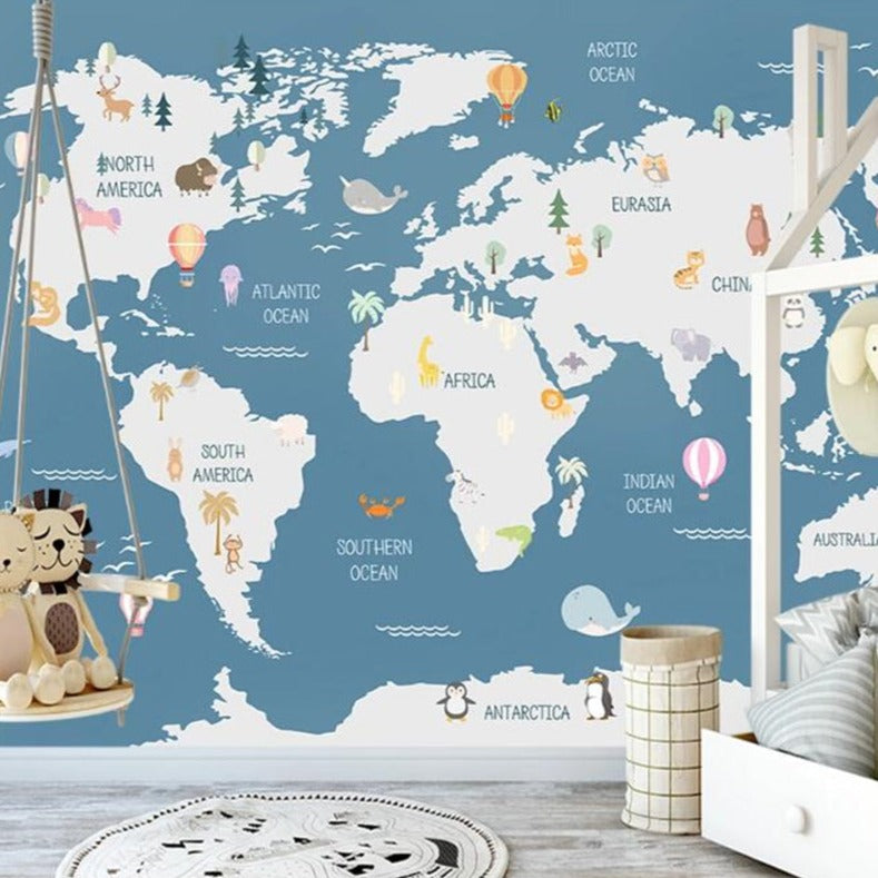 Kids World Map Wallpaper Mural - Educational Wall Decor-GraffitiWallArt