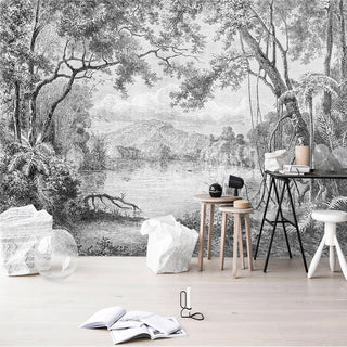 Lake View Sketch Wallpaper - Perfect Serene Atmosphere-GraffitiWallArt