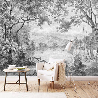 Lake View Sketch Wallpaper - Perfect Serene Atmosphere-GraffitiWallArt