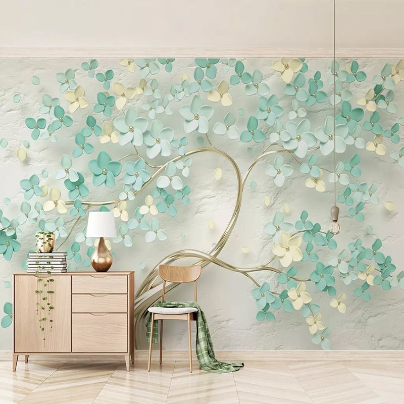 Liven Up Your Living Room with Flowers on Tree Wallpaper-GraffitiWallArt