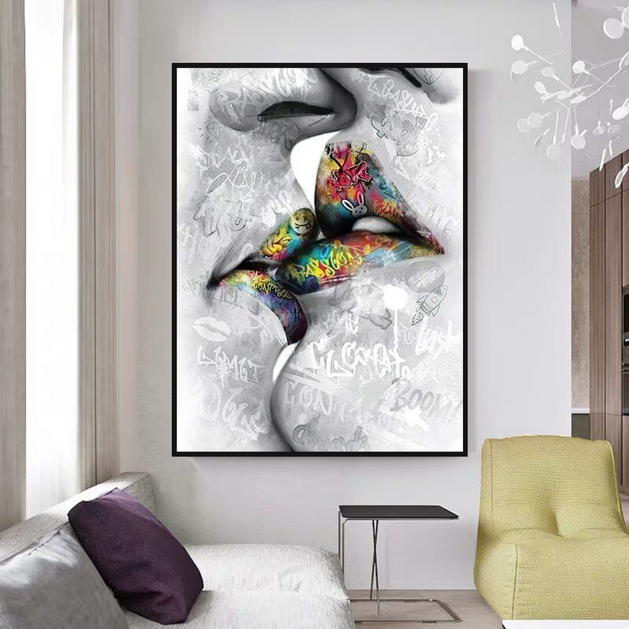 Lovers Kiss, Lips Canvas Wall Art-GraffitiWallArt