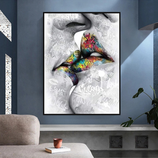 Lovers Kiss, Lips Canvas Wall Art-GraffitiWallArt