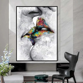 Lovers Kiss, Lips Canvas Wall Art-GraffitiWallArt