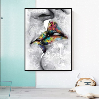 Lovers Kiss, Lips Canvas Wall Art-GraffitiWallArt