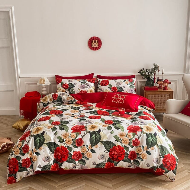 Luxury Red Wedding Bedding Set - Skin-friendly Flowers - Digital Print-GraffitiWallArt