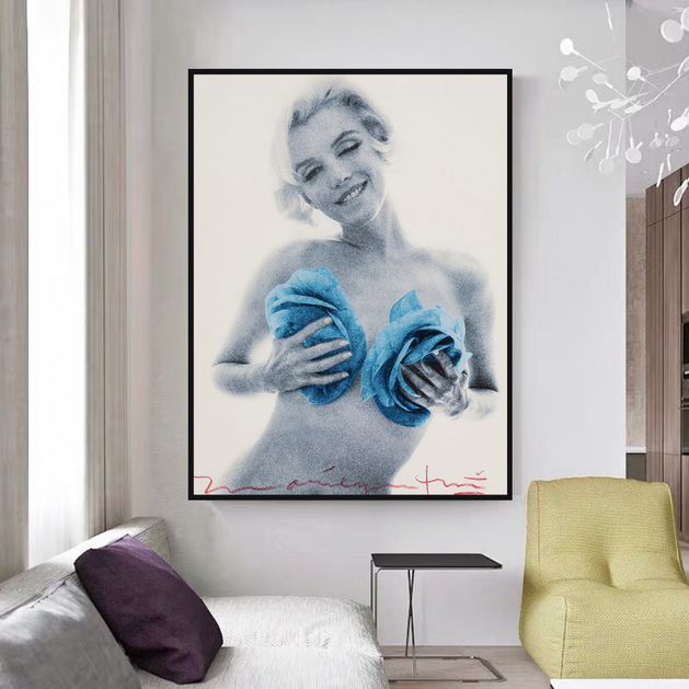 Marilyn Monroe Blue Flowers Canvas Wall Art