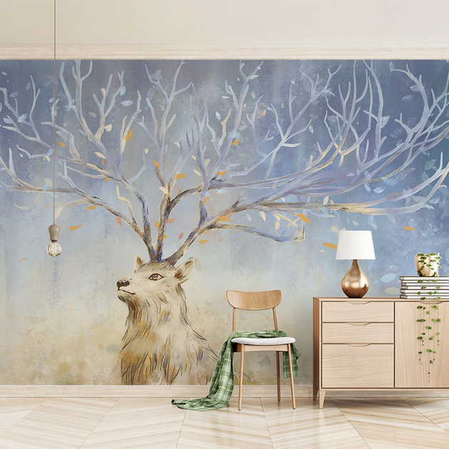 Midnight Reindeer Tree Trunks Wallpaper Mural-GraffitiWallArt