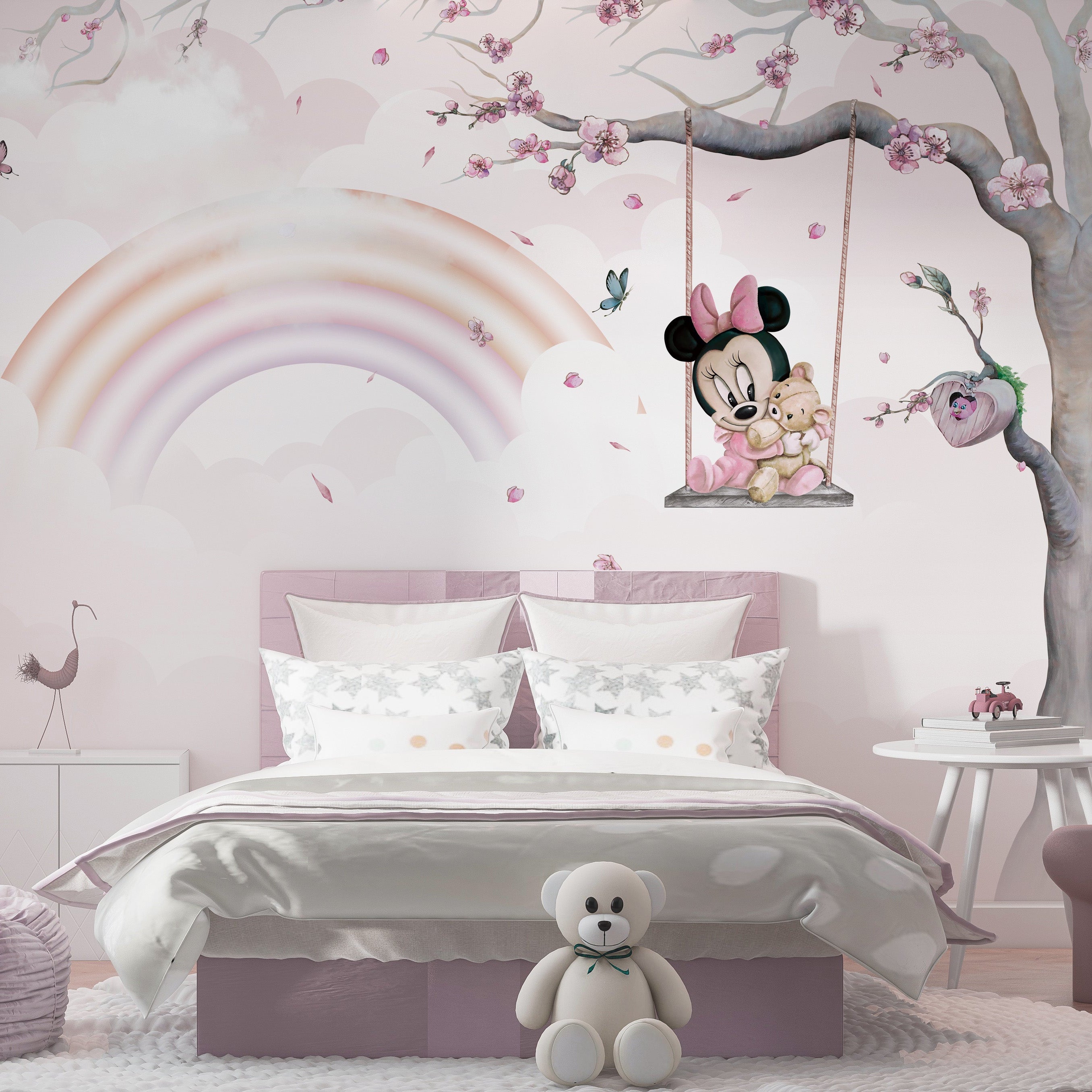 Minnie on Swing - Girls Nursery Wallpaper Mural-GraffitiWallArt