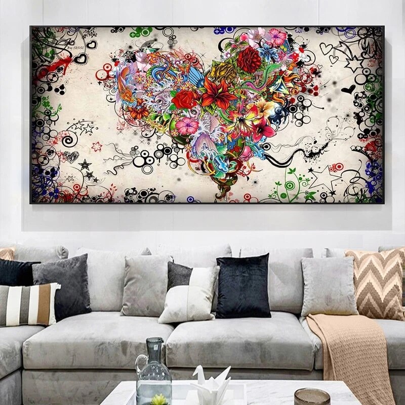 Modern Art Colourful Heart Flowers Canvas Wall Art-GraffitiWallArt