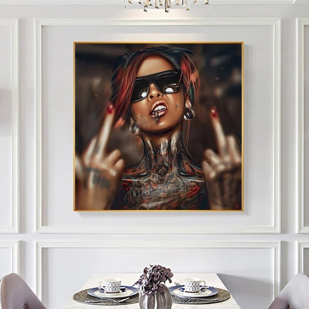 Modern Black Girl with Tattoo Canvas Wall Art-GraffitiWallArt