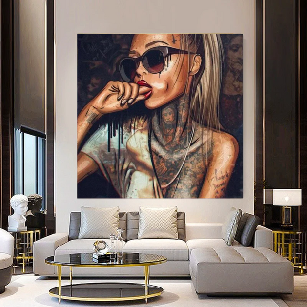 Modern Black Girl with Tattoo Canvas Wall Art-GraffitiWallArt