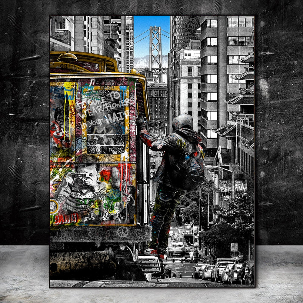 Modern Graffiti Art Catching Bus Tram Canvas Wall Art-GraffitiWallArt