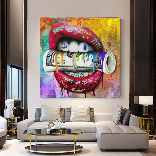 Money Lips Graffiti Canvas Wall Art-GraffitiWallArt