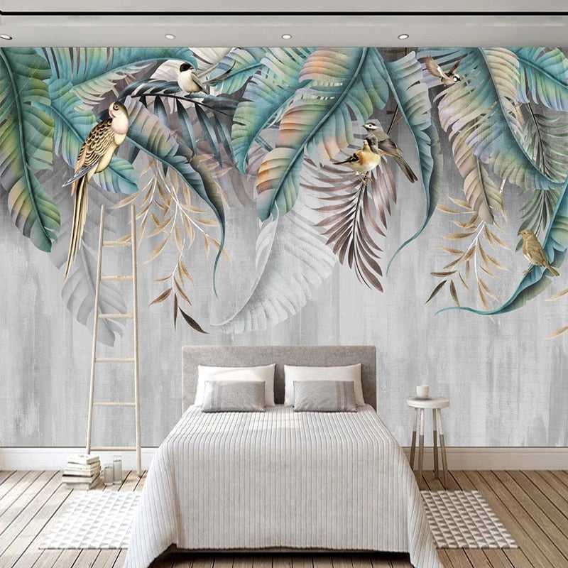 Nature's Symphony: Plant Leaves Birds Wallpaper-GraffitiWallArt