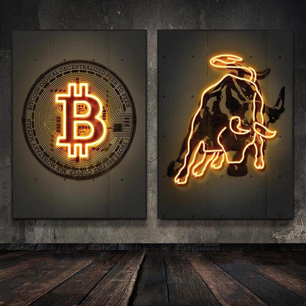 Neon Prints Gold Bitcoin Canvas Wall Art-GraffitiWallArt