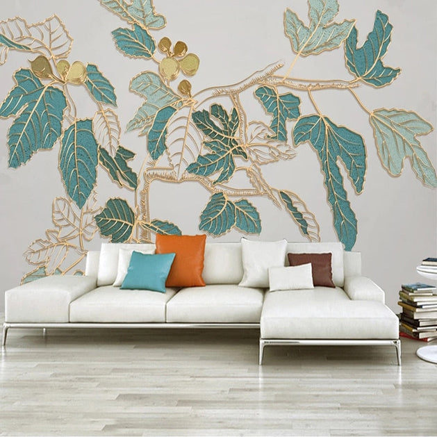 Nordic Golden Embossed Line Leaf Wallpaper for Home Wall Decor-GraffitiWallArt