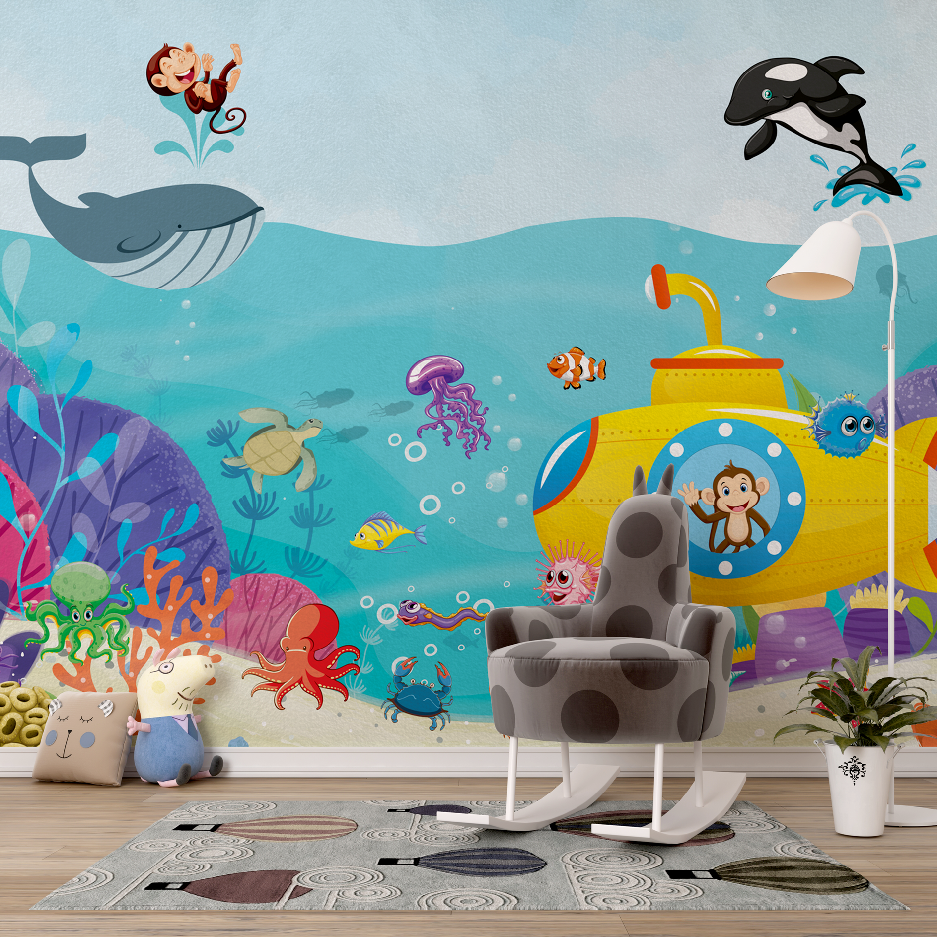 Ocean Creatures Party - Kids Room Wallpaper Mural-GraffitiWallArt
