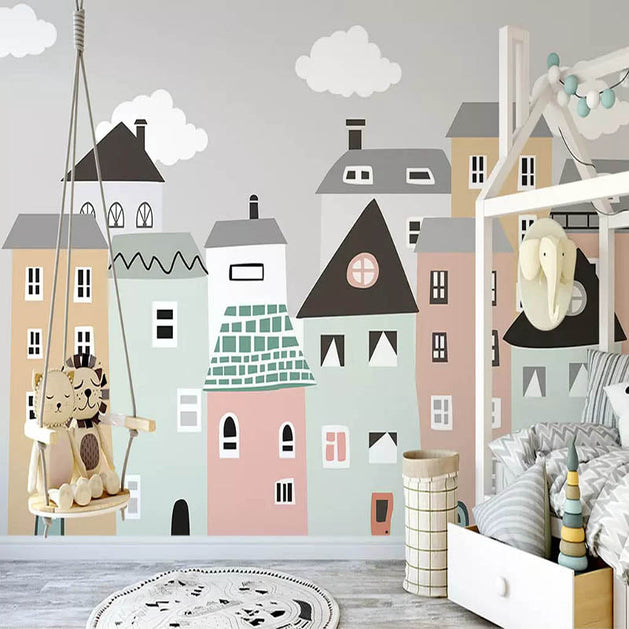 Pastel Color Houses Theme Nursery Wallpaper-GraffitiWallArt