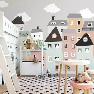 Pastel Color Houses Theme Nursery Wallpaper-GraffitiWallArt