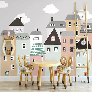 Pastel Color Houses Theme Nursery Wallpaper-GraffitiWallArt