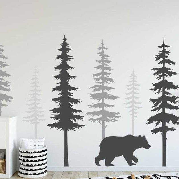 Pine Tree With Bear Wall Decal | Tree Art Wall Decal-GraffitiWallArt