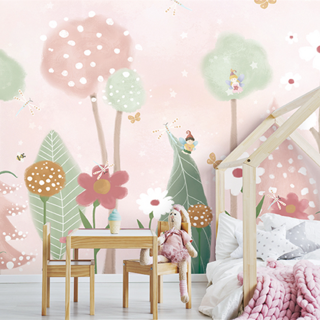 Pink and Green Shade Forest with Fairies Flying Nursery Wallpaper-GraffitiWallArt