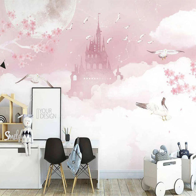 Pink Castle in Clouds Nursery Wallpaper-GraffitiWallArt