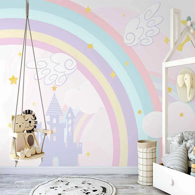 Pink Castle with Rainbow Nursery Wallpaper-GraffitiWallArt