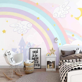 Pink Castle with Rainbow Nursery Wallpaper-GraffitiWallArt